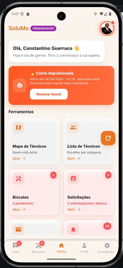 Screenshot da página principal do app SoluMo